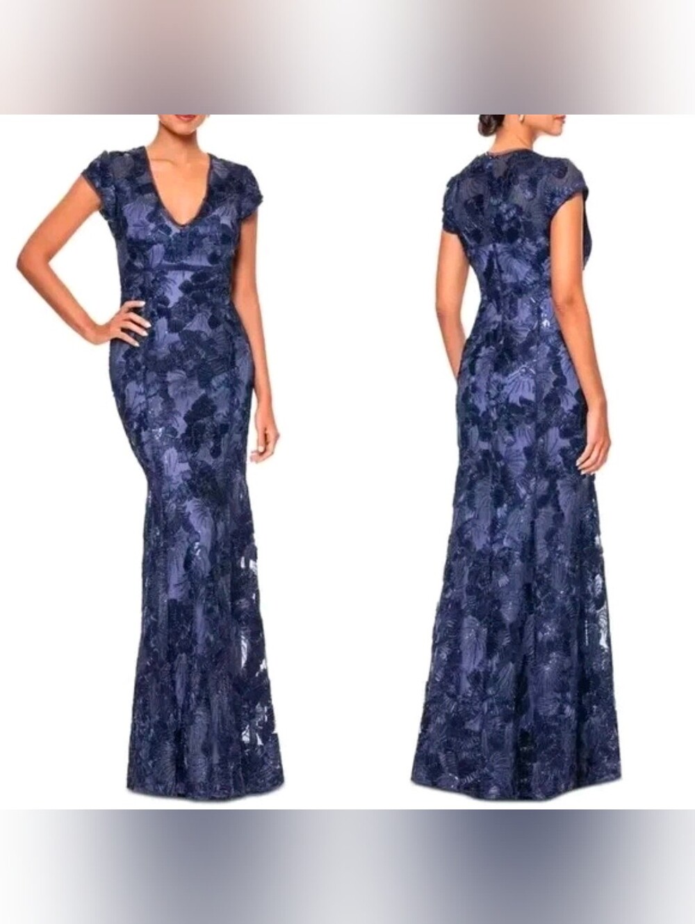 Betsy & Adam Navy Lace V-Neck Cap Sleeve Maxi Gown